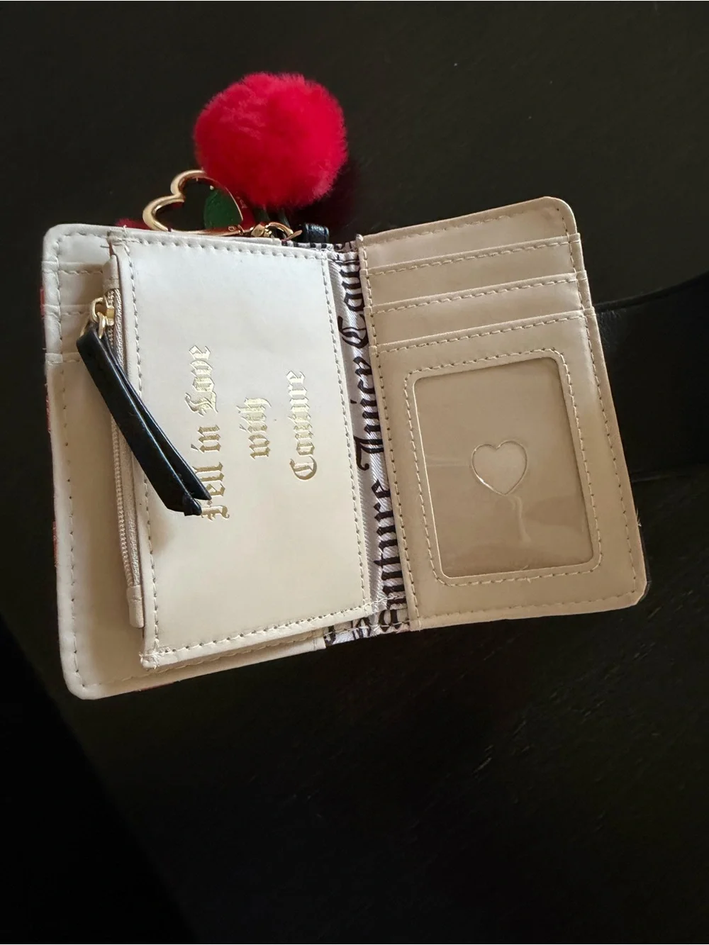 Juicy Couture Black Cherry Print Kids Wallet with Red Pom-Pom Keychain